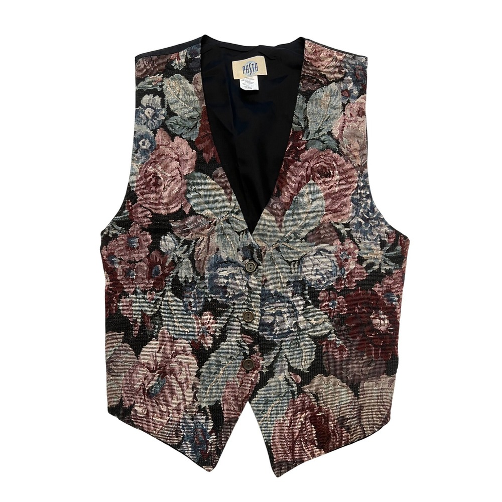 Vintage Pasta Burgundy Black Floral Button Front Tapestry Vest Made in USA M